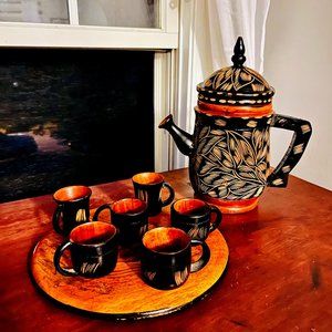 Rare Vintage Hand Carved Wooden Teapot, 6 Matching Tea Cups, w/ Wood Server Tray